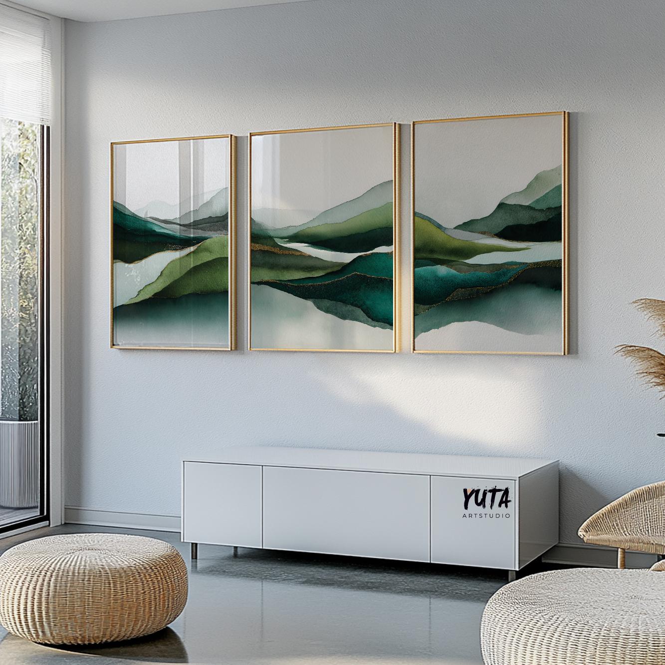 Green abstract landscape wall art set featuring layered watercolor hills, flowing valleys and serene nature inspired forms