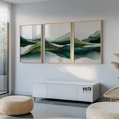 Green abstract landscape wall art set featuring layered watercolor hills, flowing valleys and serene nature inspired forms