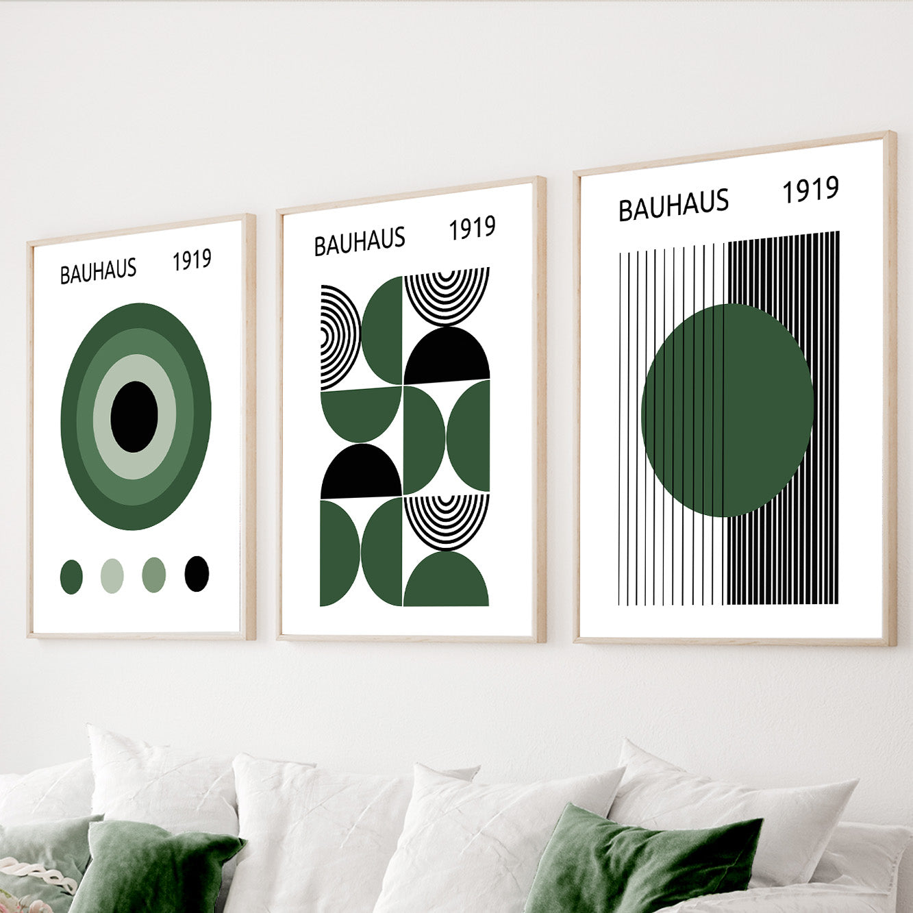 Green Bauhaus wall art set of 3 with geometric abstract designs