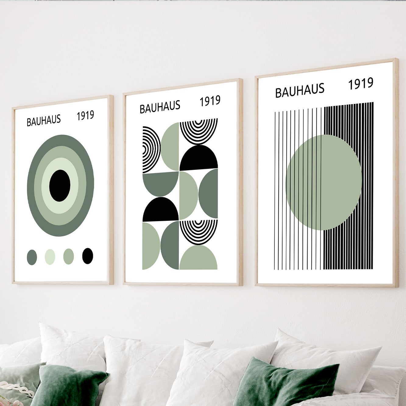 Sage green Bauhaus wall art set of 3 with geometric abstract designs