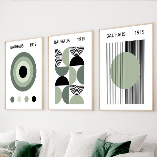 Sage green Bauhaus wall art set of 3 with geometric abstract designs