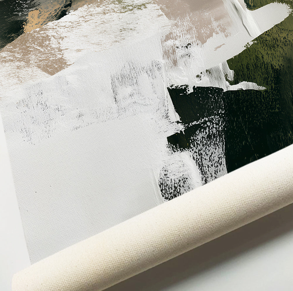 Green and beige abstract art prints featuring layered expressive brushstrokes in olive, cream and charcoal.