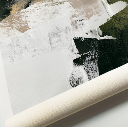 Green and beige abstract art prints featuring layered expressive brushstrokes in olive, cream and charcoal.