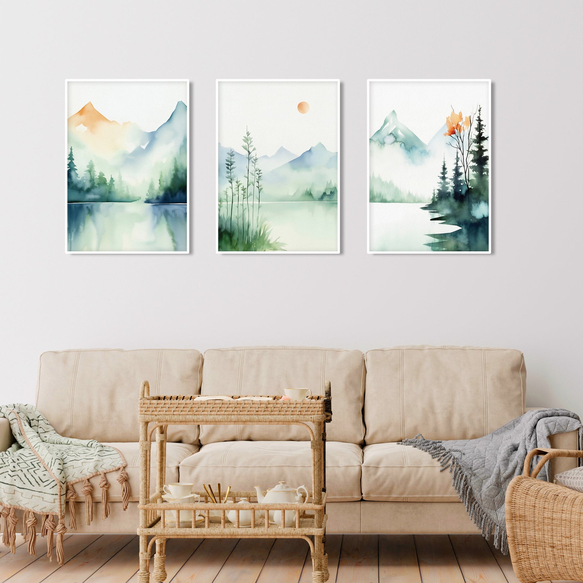 Green and blue mountain print set for calming contemporary interiors