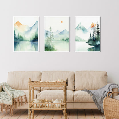 Green and blue mountain print set for calming contemporary interiors