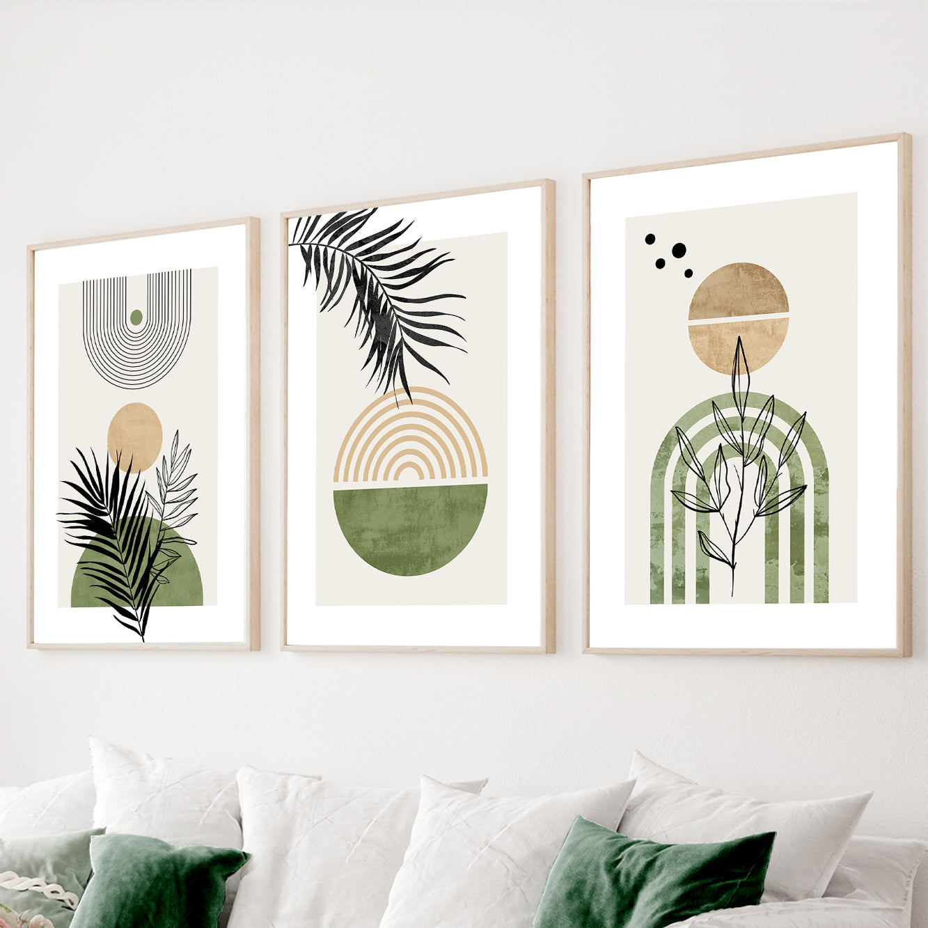 Green boho wall art set of 3 featuring abstract botanical prints with geometric arches and organic shapes