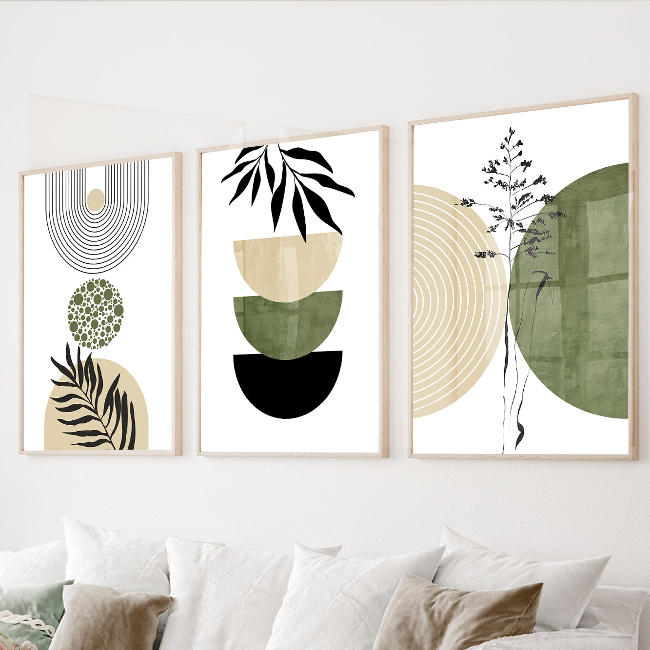 Green botanical wall art set of 3 featuring abstract geometric shapes and botanical illustrations in sage green