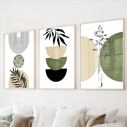 Green botanical wall art set of 3 featuring abstract geometric shapes and botanical illustrations in sage green