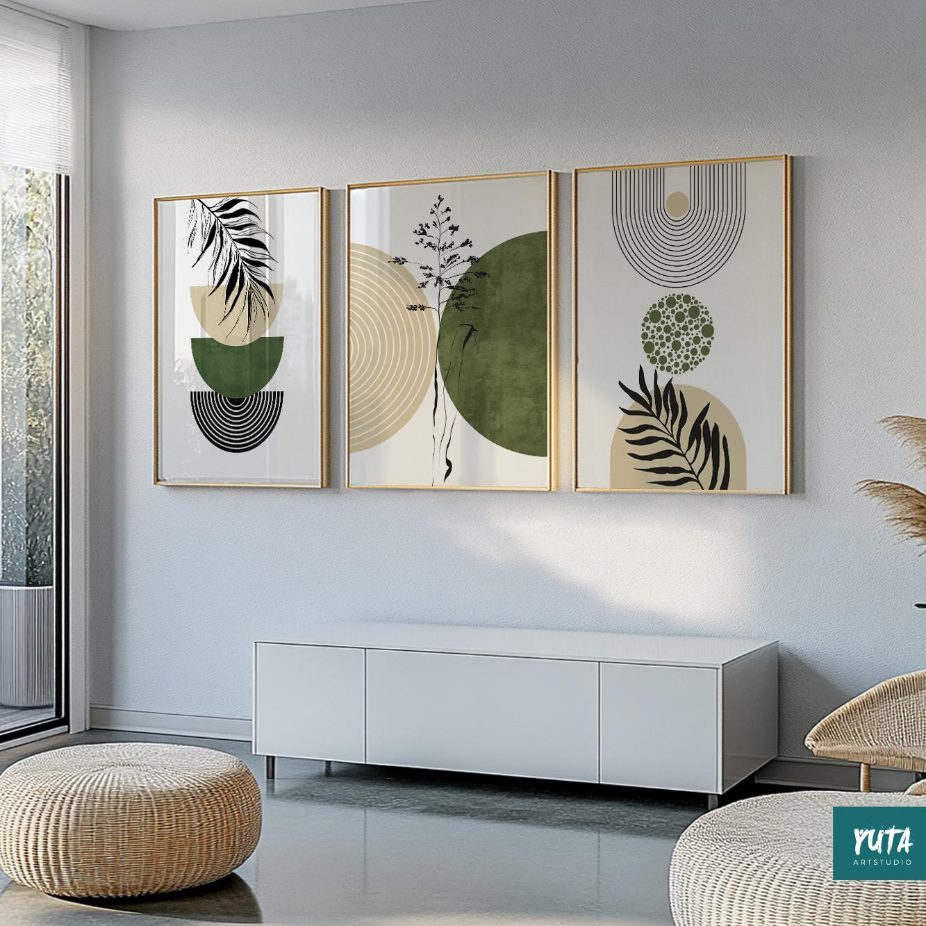 Green botanical wall art set showcasing abstract leaf motifs and contemporary organic modern design