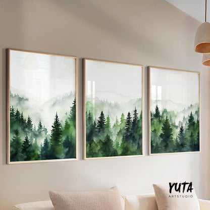 Mountain wall art set of 3 prints. Modern greenery mountain landscape gallery wall set. Nature 3 piece nordic abstract wall art