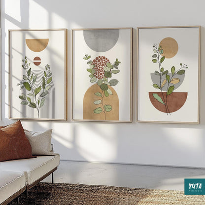 Abstract botanical prints in natural wood frames displayed as a trio in sunlight
