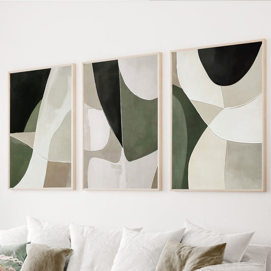 Green neutral abstract wall art set of 3 featuring olive, black, beige and cream organic shapes.