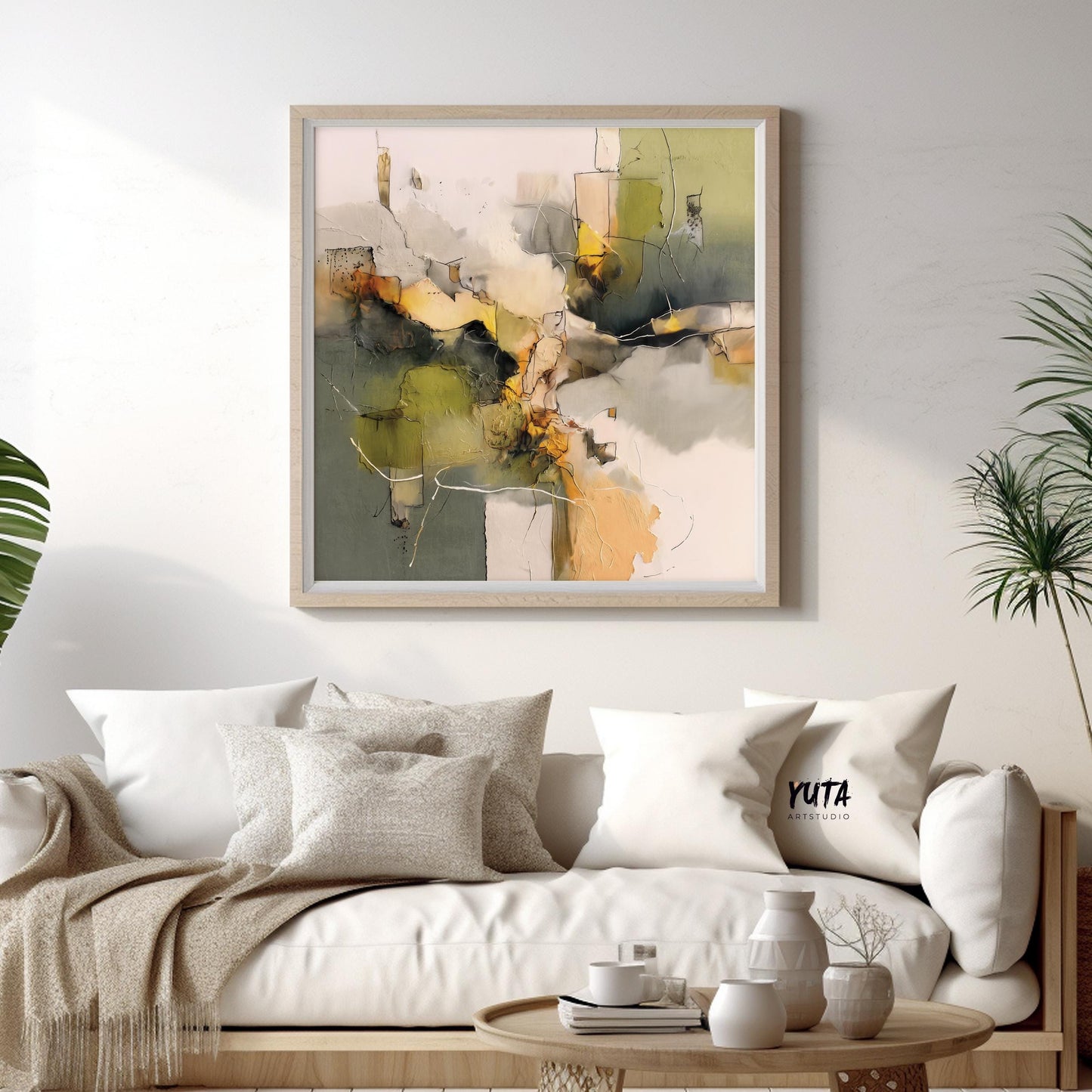 Green neutral abstract wall art showcasing layered textures, earthy tones and contemporary design