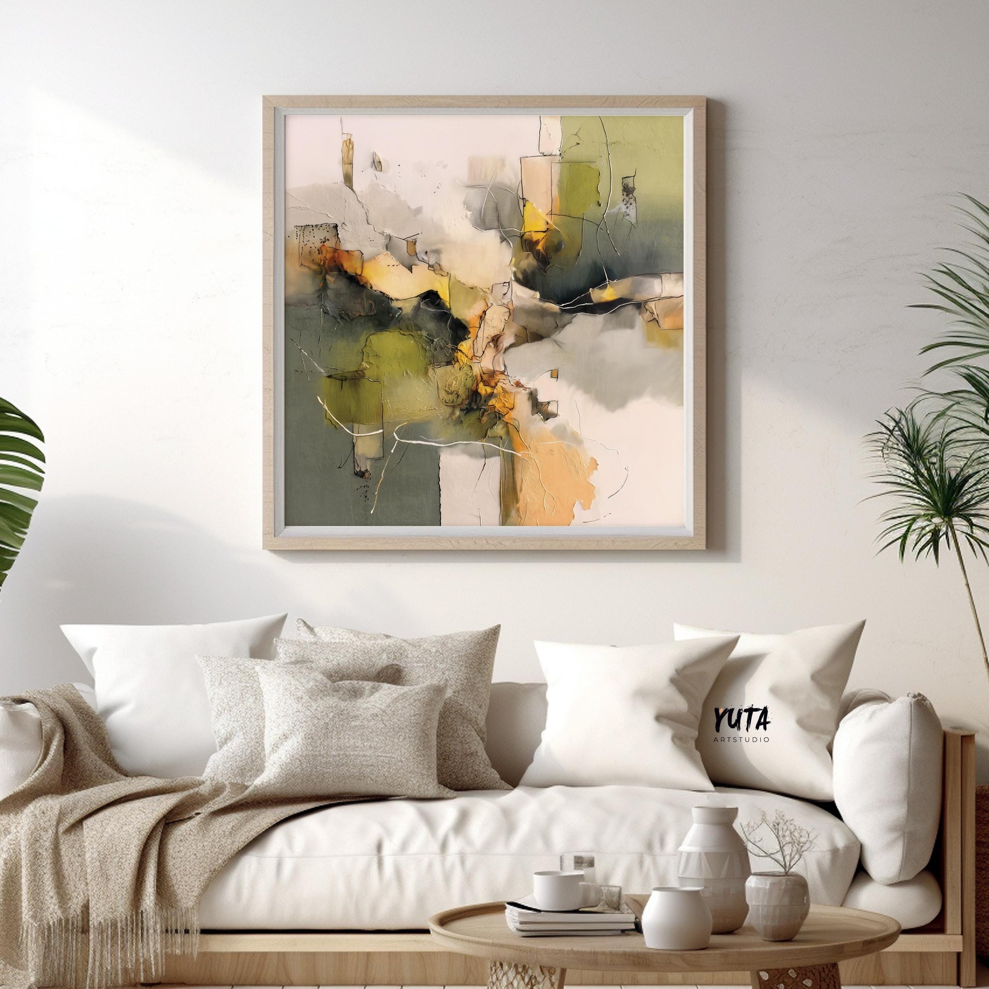 Green neutral abstract wall art showcasing layered textures, earthy tones and contemporary design