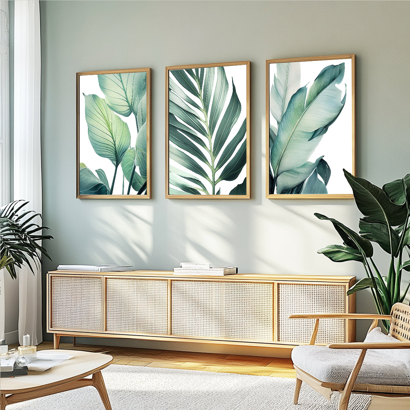 Minimalist palm leaf prints for modern living room décor