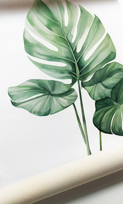 Organic Modern botanical gallery wall featuring lush tropical foliage and watercolor leaf prints