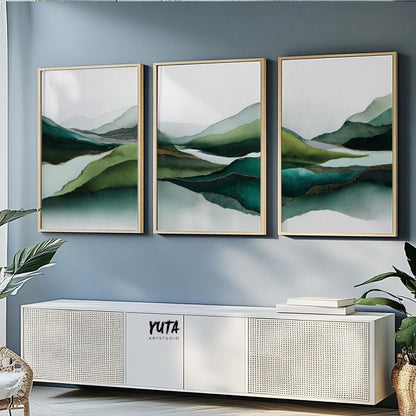 Green watercolor landscape wall art showcasing abstract rolling hills and soft misty horizons in a modern interior