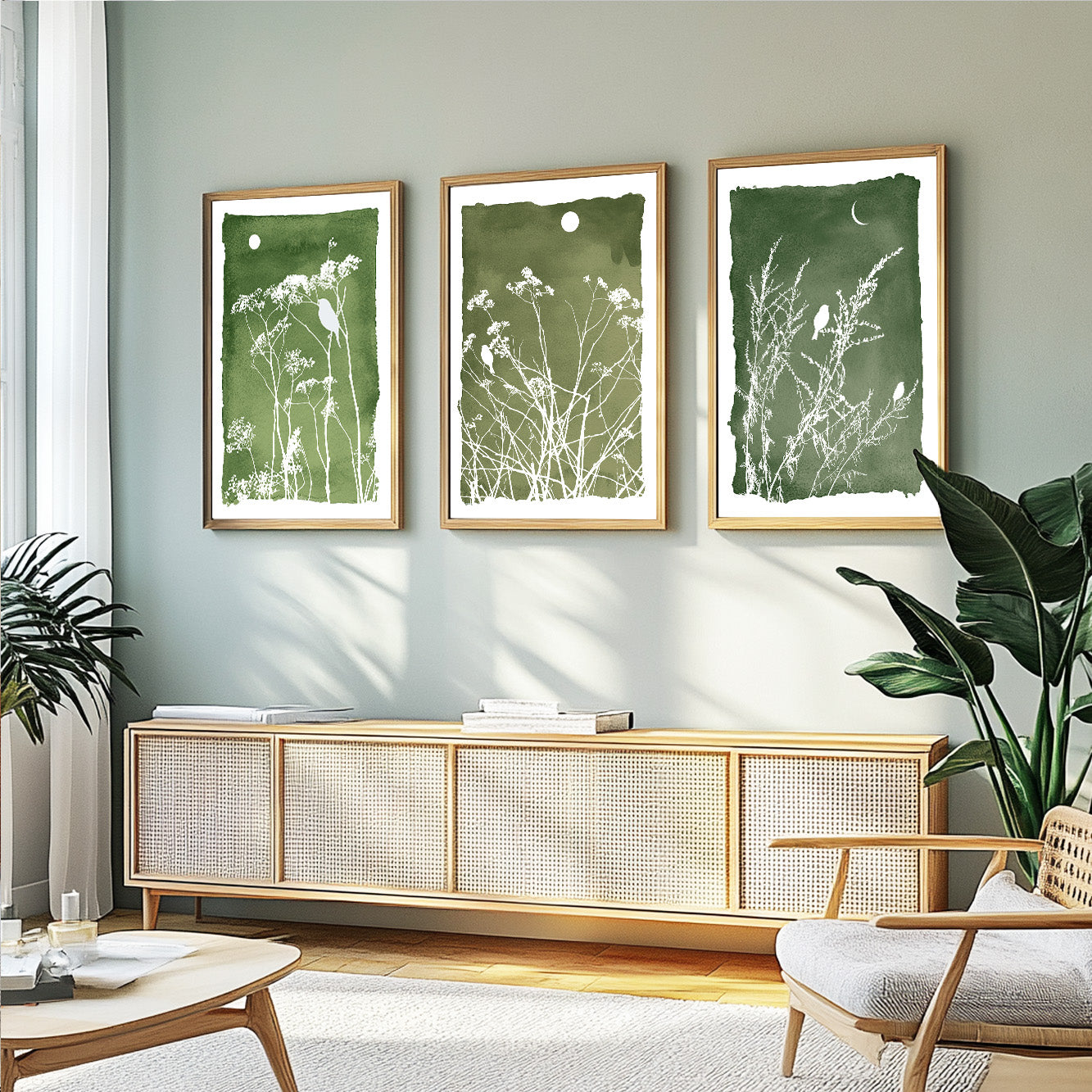 Botanical bird prints with delicate meadow flowers in soft green and white tones
