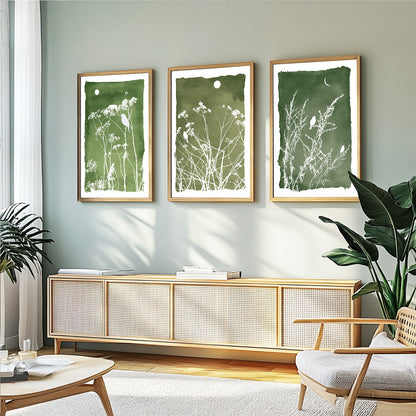 Botanical bird prints with delicate meadow flowers in soft green and white tones