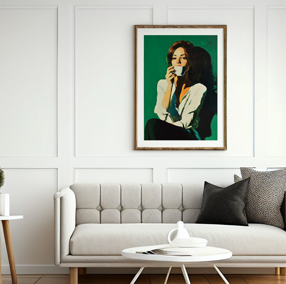 Green woman portrait wall art featuring a brunette holding a white coffee cup