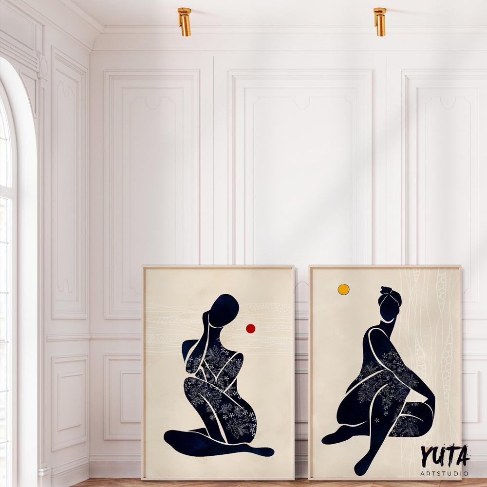 Neutral modern african american art print set of 2 black woman above bed wall art, abstract girl figures minimalist posters