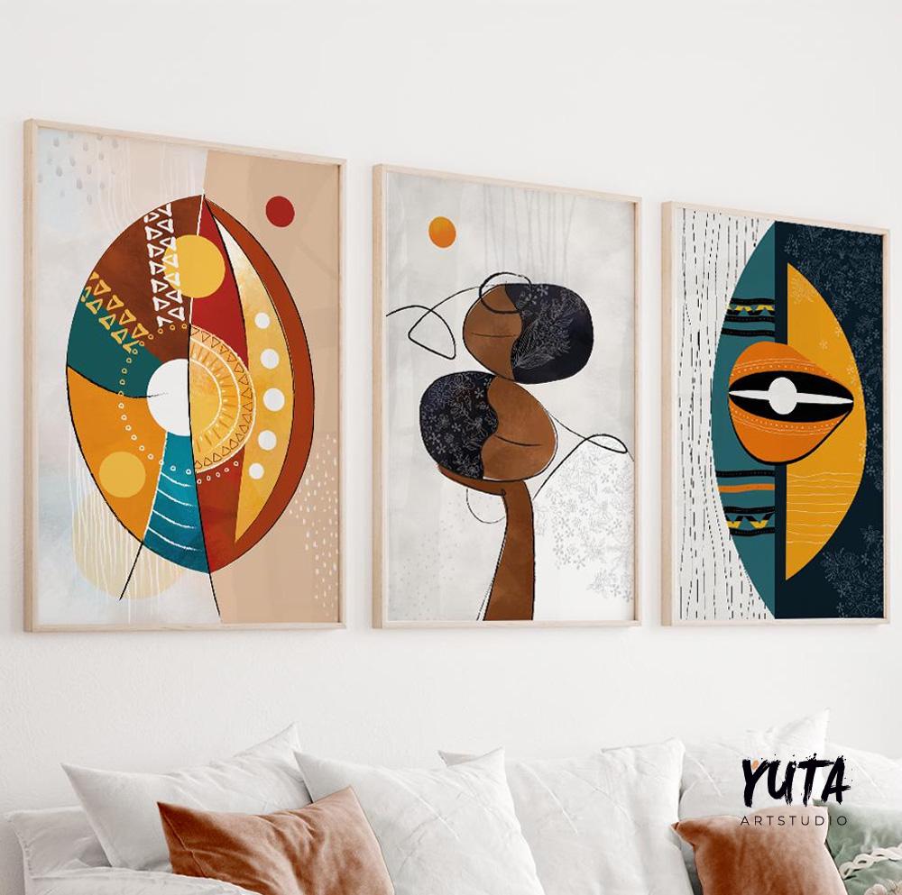 Modern african american art set of 3 print. Abstract ethnic colorful gallery wall set. Contemrorary minimalist above bed africa art