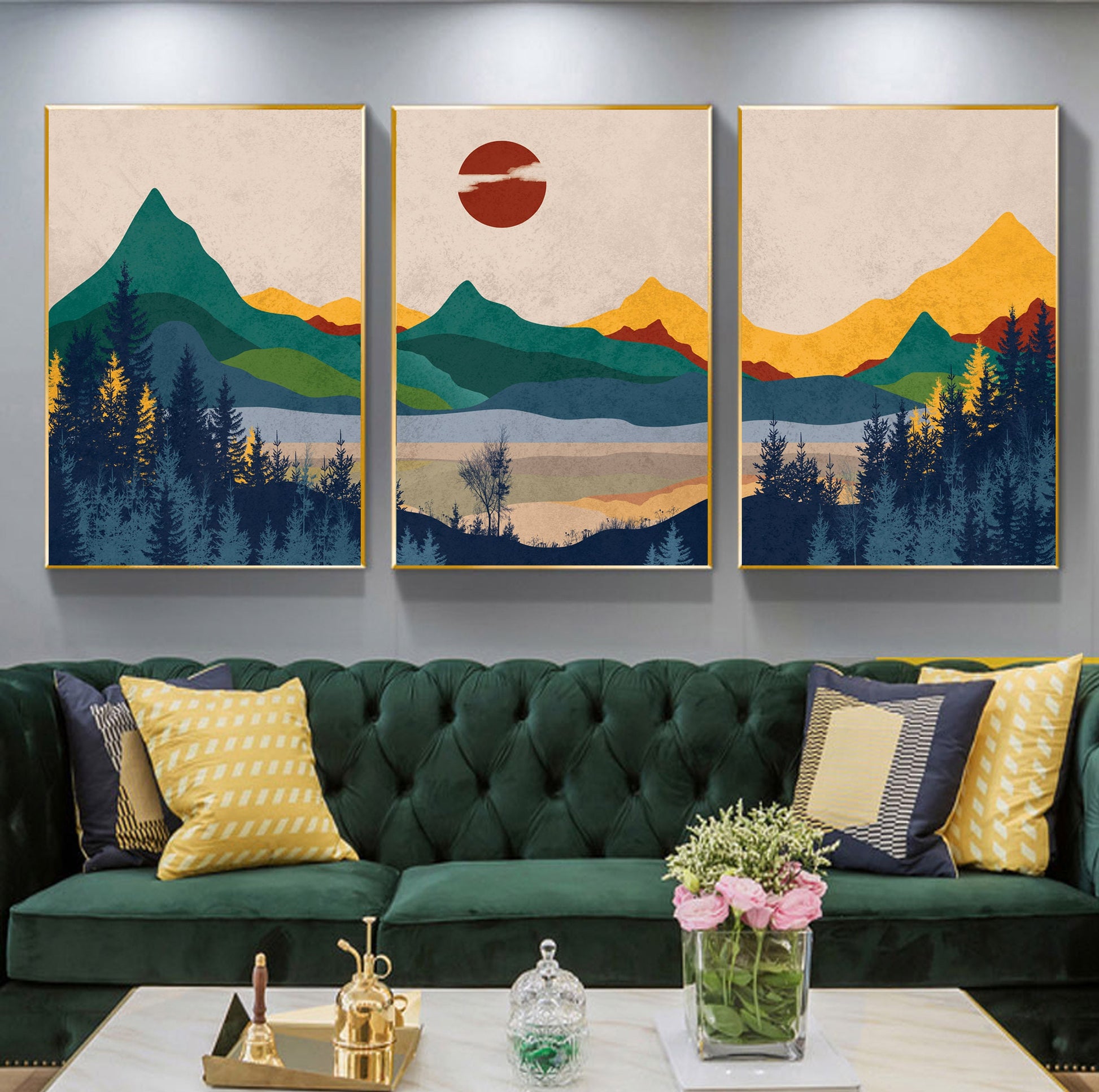 Set of 3 colorful abstract mountain prints. Three piece minimalist landscape abstract poster.Mid century modern wall art.