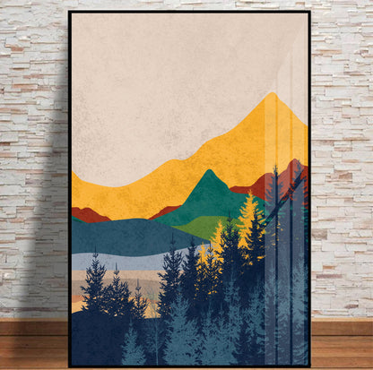 colorful abstract mountain prints. Three piece minimalist landscape abstract poster.Mid century modern wall art.