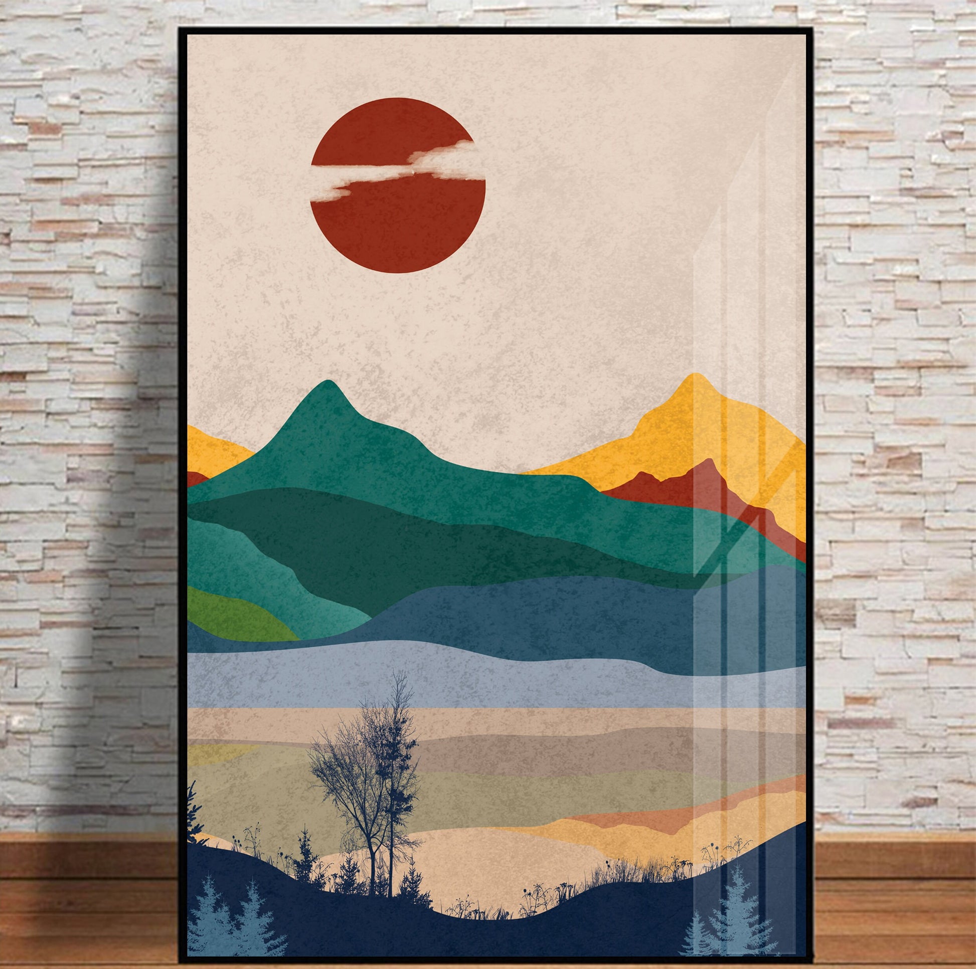 colorful abstract mountain prints. Three piece minimalist landscape abstract poster.Mid century modern wall art.