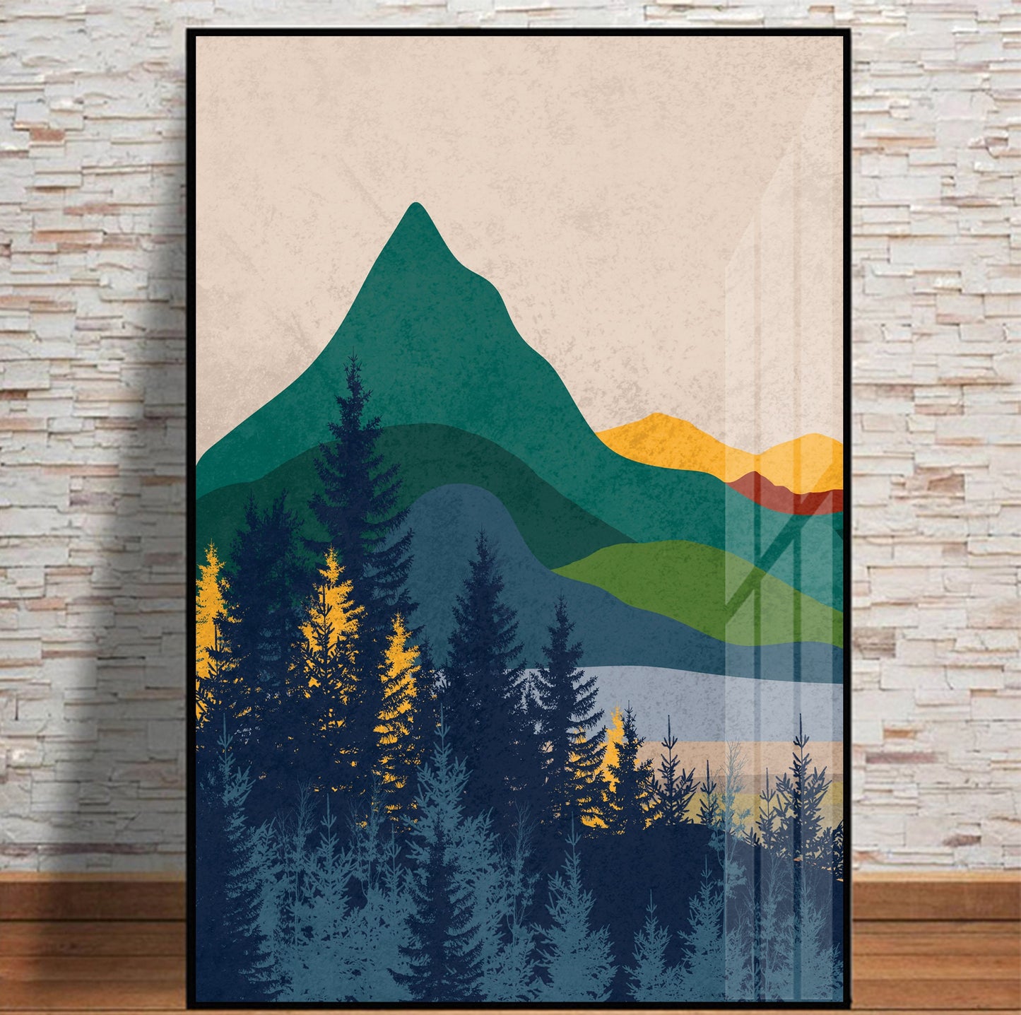 Set of 3 colorful abstract mountain prints. Three piece minimalist landscape abstract poster.Mid century modern wall art.
