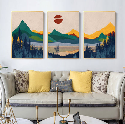 Set of 3 colorful abstract mountain prints. Three piece minimalist landscape abstract poster.Mid century modern wall art.