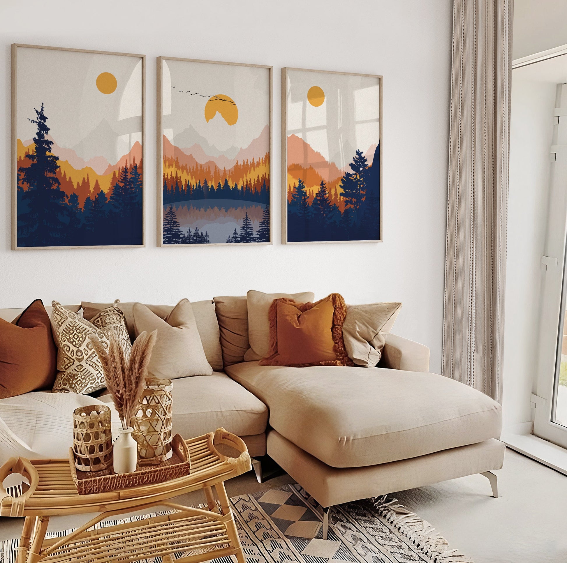 Bright abstract mountain landscape print set of 3 Modern terracotta deep blue minimalist nature large wall art prints, Livingroom wall art