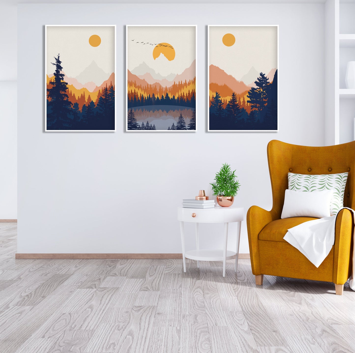 Bright abstract mountain landscape print set of 3 Modern terracotta deep blue minimalist nature large wall art prints, Livingroom wall art