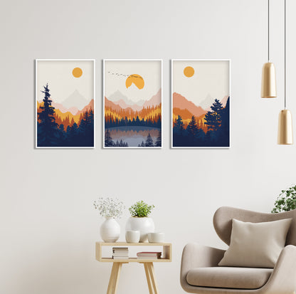 Bright abstract mountain landscape print set of 3 Modern terracotta deep blue minimalist nature large wall art prints, Livingroom wall art