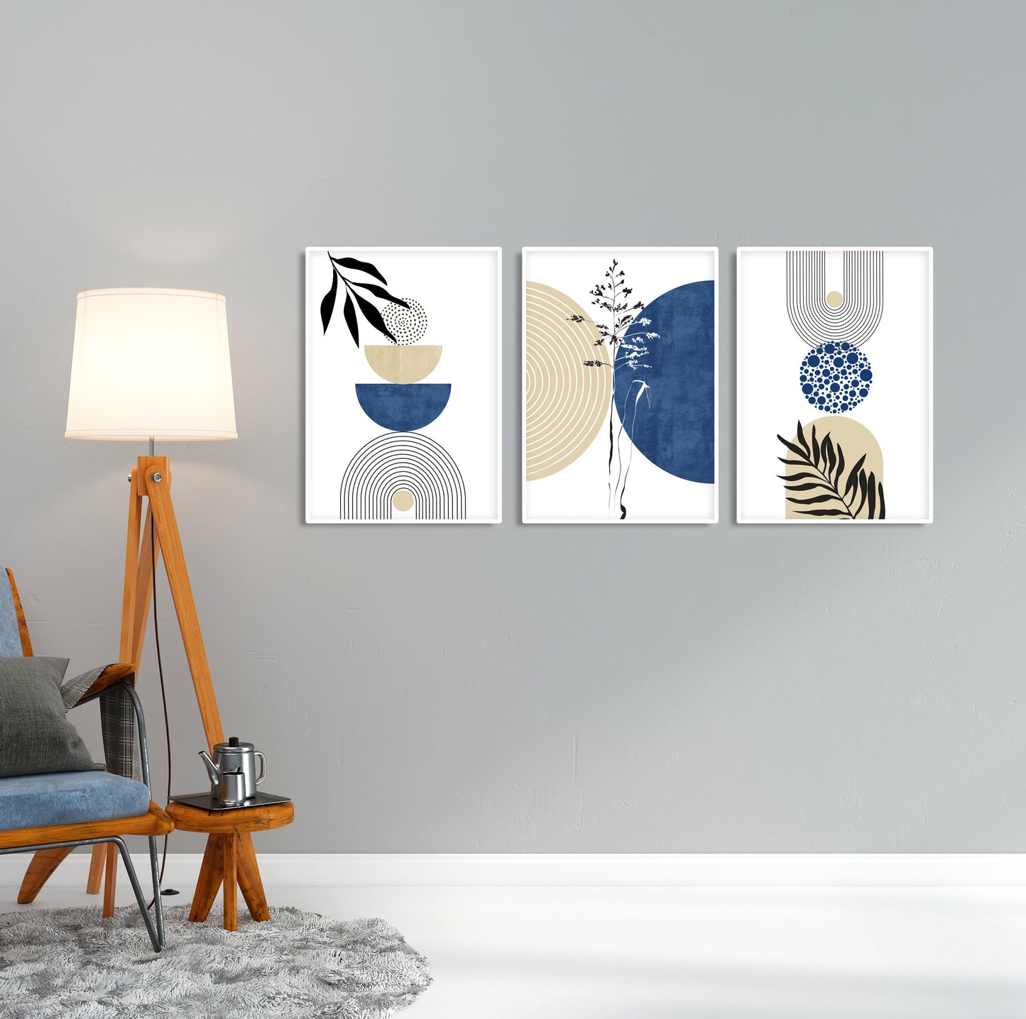 Contemporary abstract art prints with navy blue and beige botanical design
