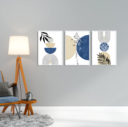 Contemporary abstract art prints with navy blue and beige botanical design