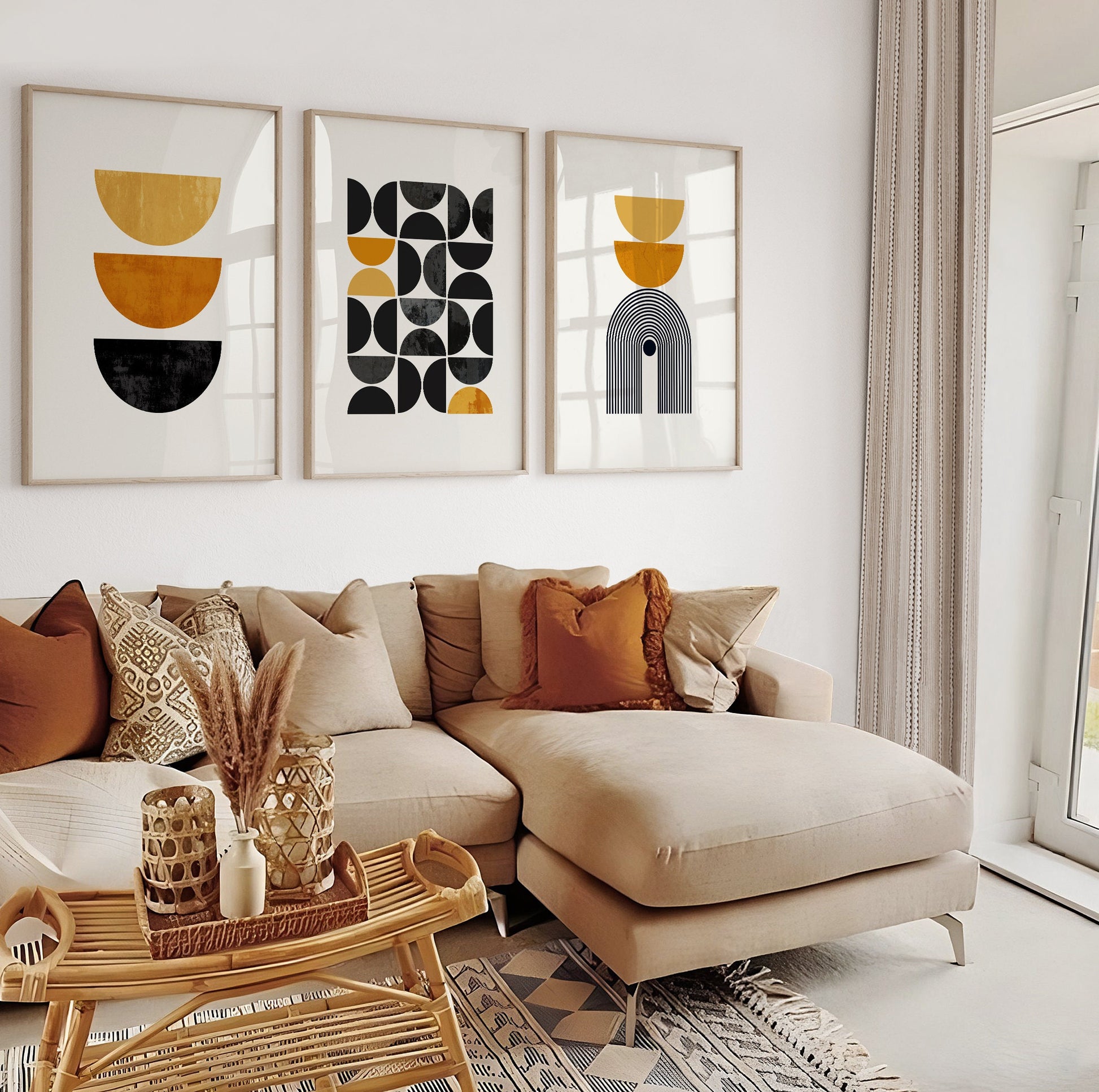 Mid century wall art prints in mustard yellow and black minimalist design