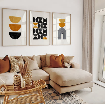 Mid century wall art prints in mustard yellow and black minimalist design