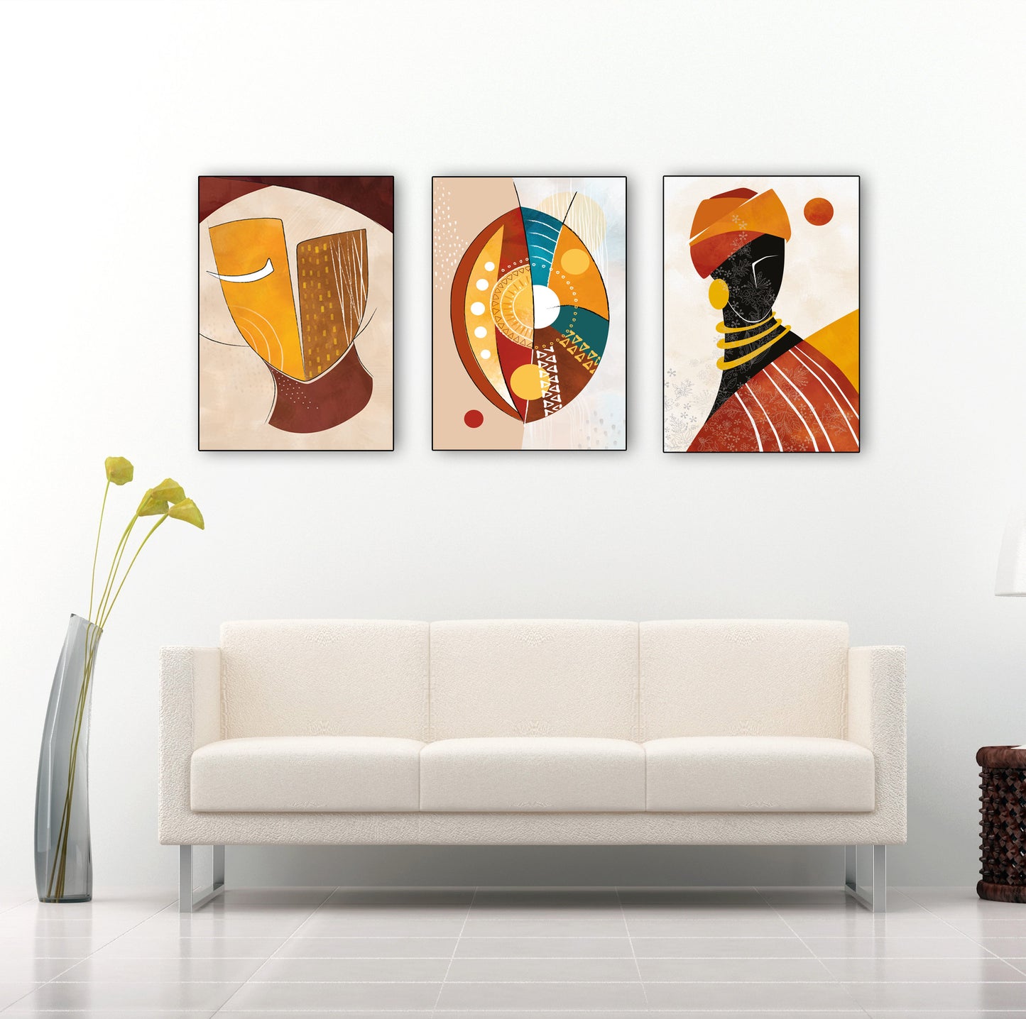 Colorful abstract ethnic africa wall art set of 3 prints, Black woman art large gallery wall set. Modern aestetic african wall decor