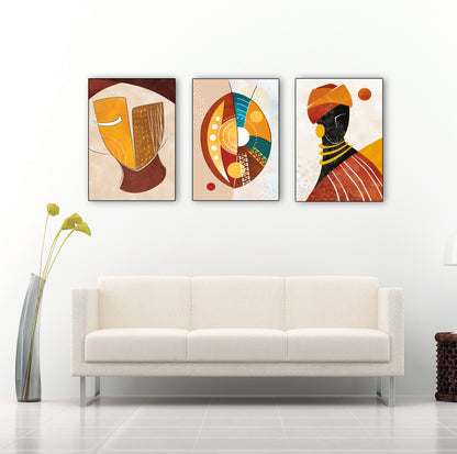 Colorful abstract ethnic africa wall art set of 3 prints, Black woman art large gallery wall set. Modern aestetic african wall decor