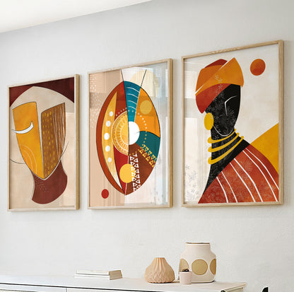 Colorful abstract African wall art set of 3 prints featuring modern black woman portraits, ethnic gallery wall decor.