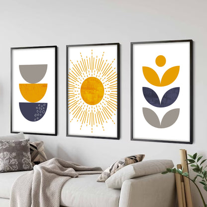 Blue mustard yellow modern boho set of 3 print. Mid century colorful large gallery 3 piece wall art, Bohemian trendy livingroom posters