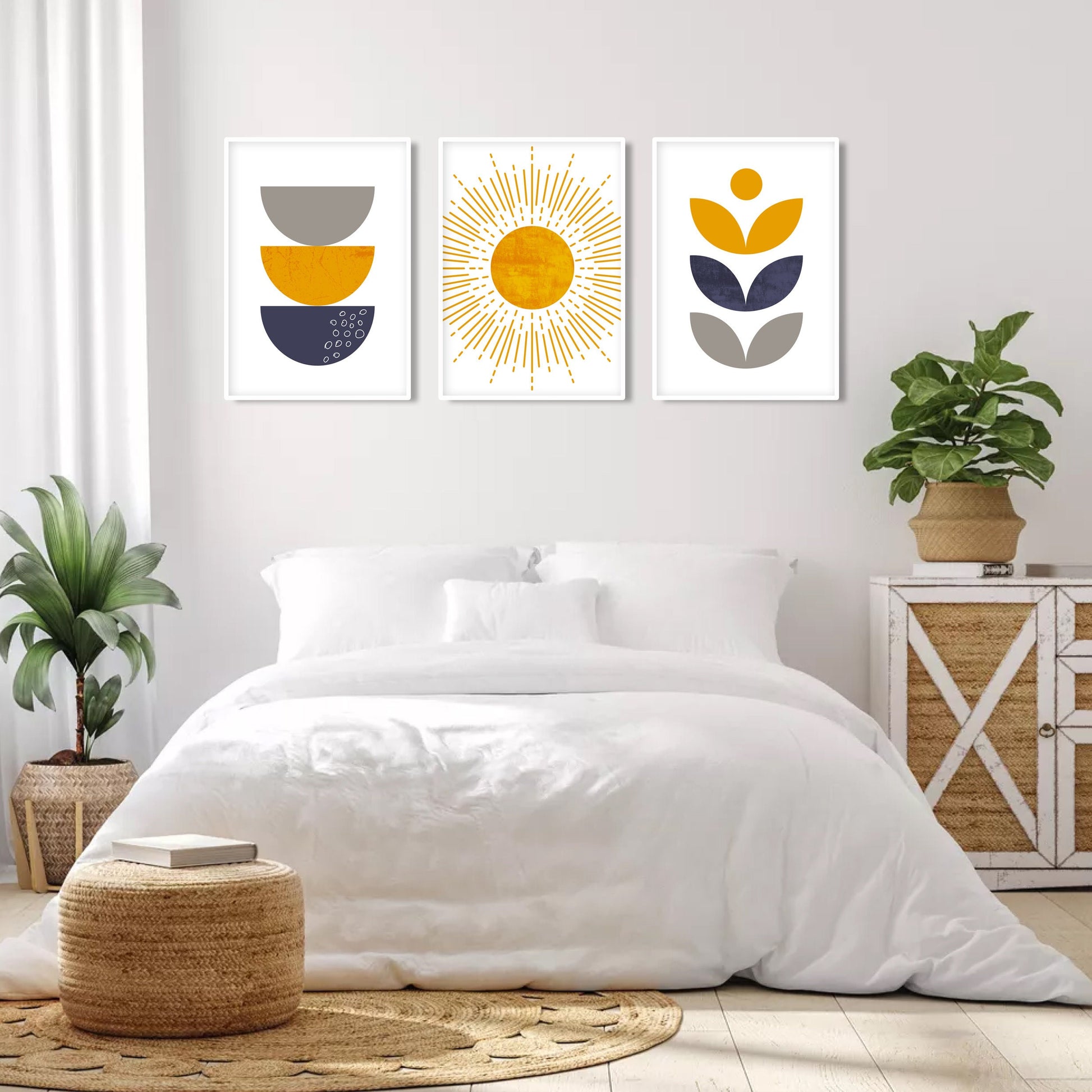 Blue mustard yellow modern boho set of 3 print. Mid century colorful large gallery 3 piece wall art, Bohemian trendy livingroom posters