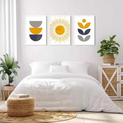 Blue mustard yellow modern boho set of 3 print. Mid century colorful large gallery 3 piece wall art, Bohemian trendy livingroom posters