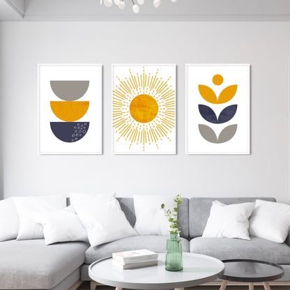 Blue mustard yellow modern boho set of 3 print. Mid century colorful large gallery 3 piece wall art, Bohemian trendy livingroom posters