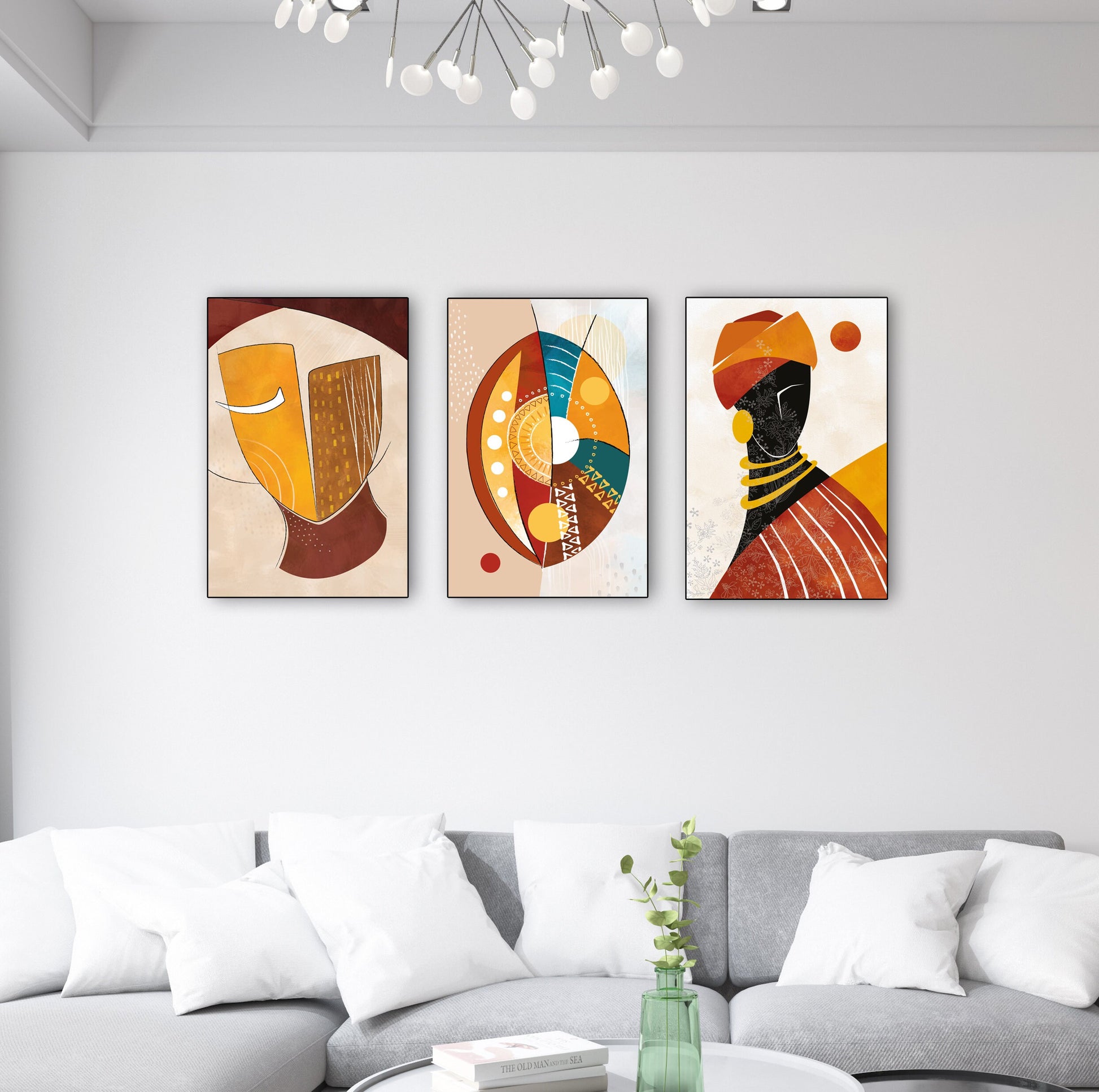 Large African American wall art gallery set with colorful abstract portraits of black women, modern bold home decor.