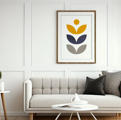 Blue gray mustard yellow modern boho print