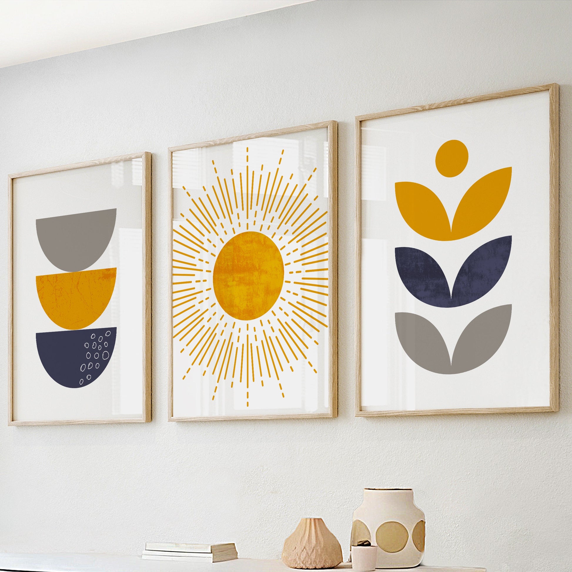 Blue mustard yellow modern boho set of 3 print. Mid century colorful large gallery 3 piece wall art, Bohemian trendy livingroom posters