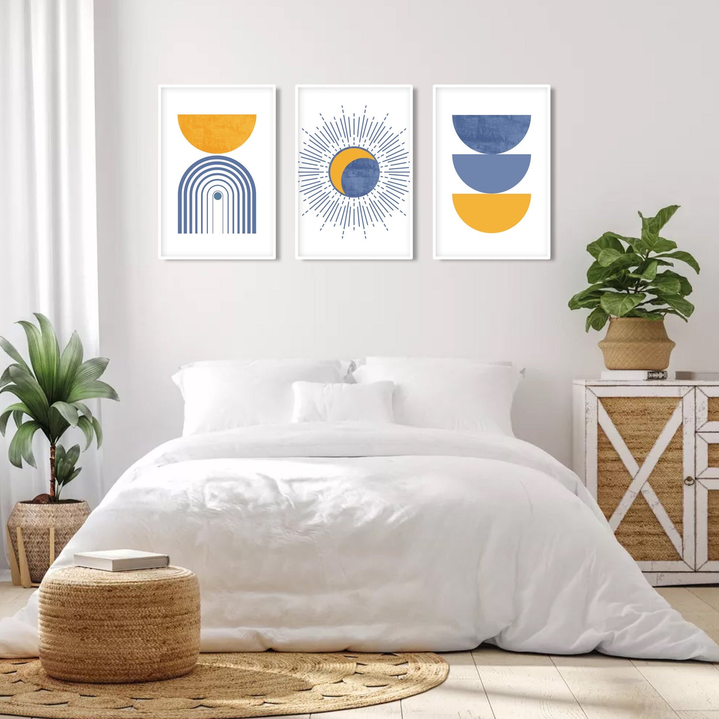 Blue mustard yellow modern boho set of 3 print. Bohemian trendy livingroom posters. Mid century colorful large gallery 3 piece wall art