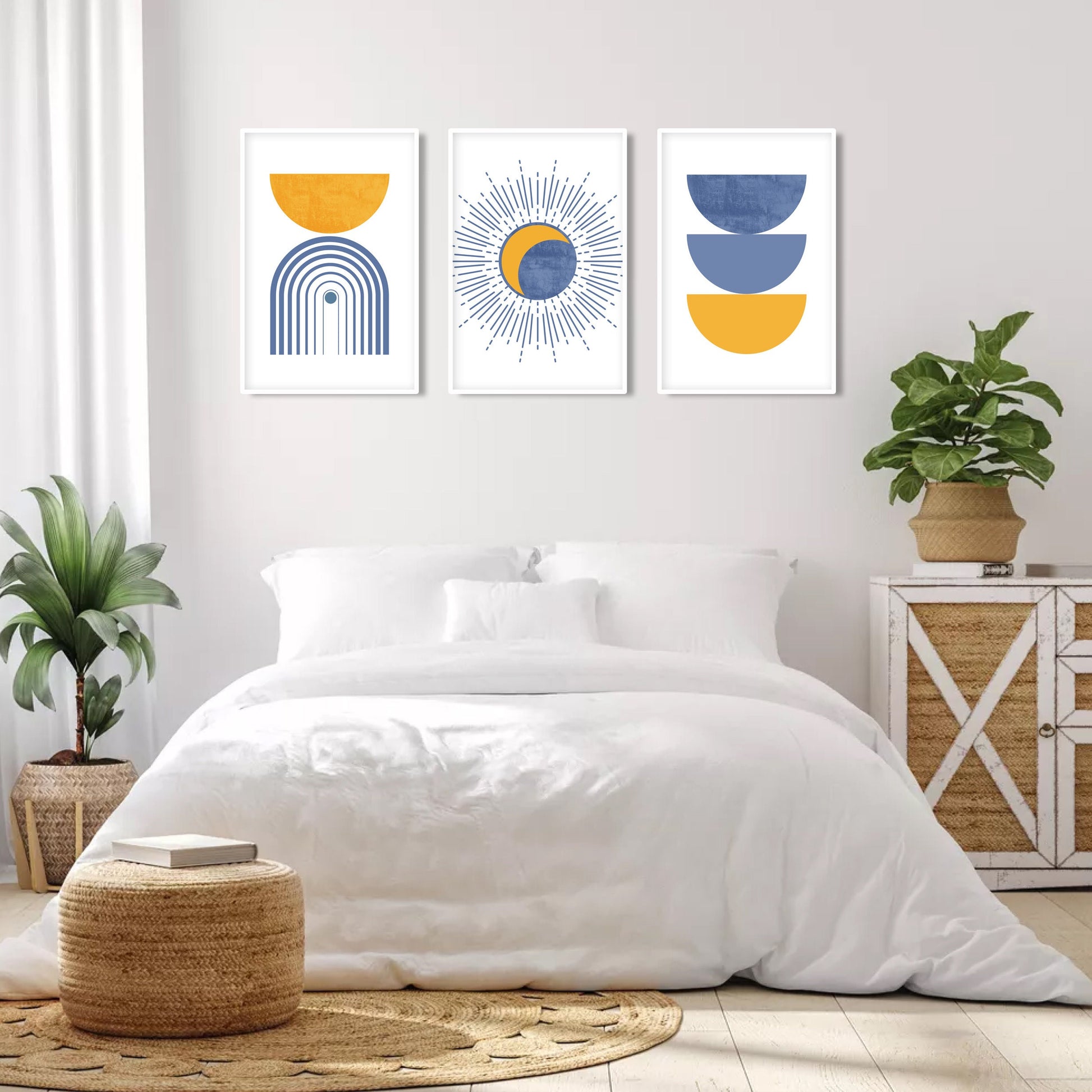 Blue mustard yellow modern boho set of 3 print. Bohemian trendy livingroom posters. Mid century colorful large gallery 3 piece wall art